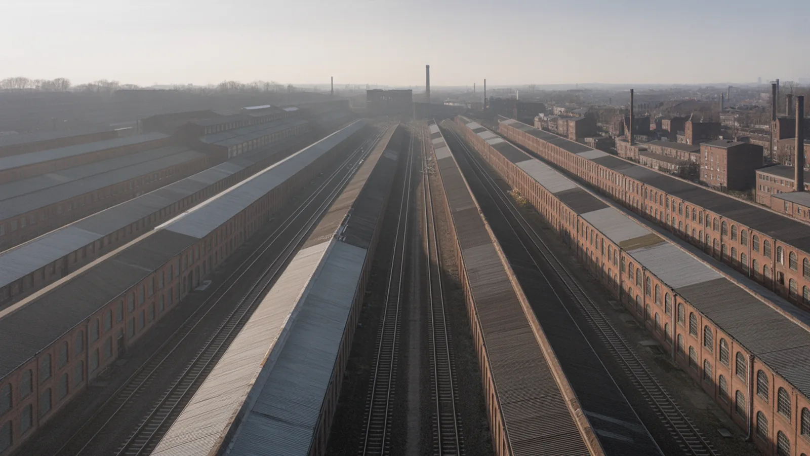 Aerial view of rail sidings and brick factories with rows of worker housing pressed against them