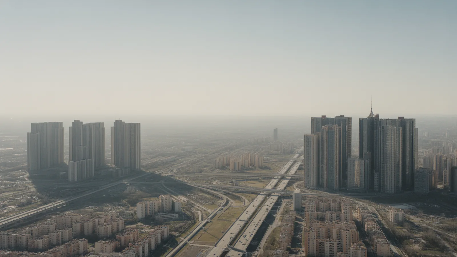 Aerial view of a polycentric city with three separate high-rise clusters instead of one centre