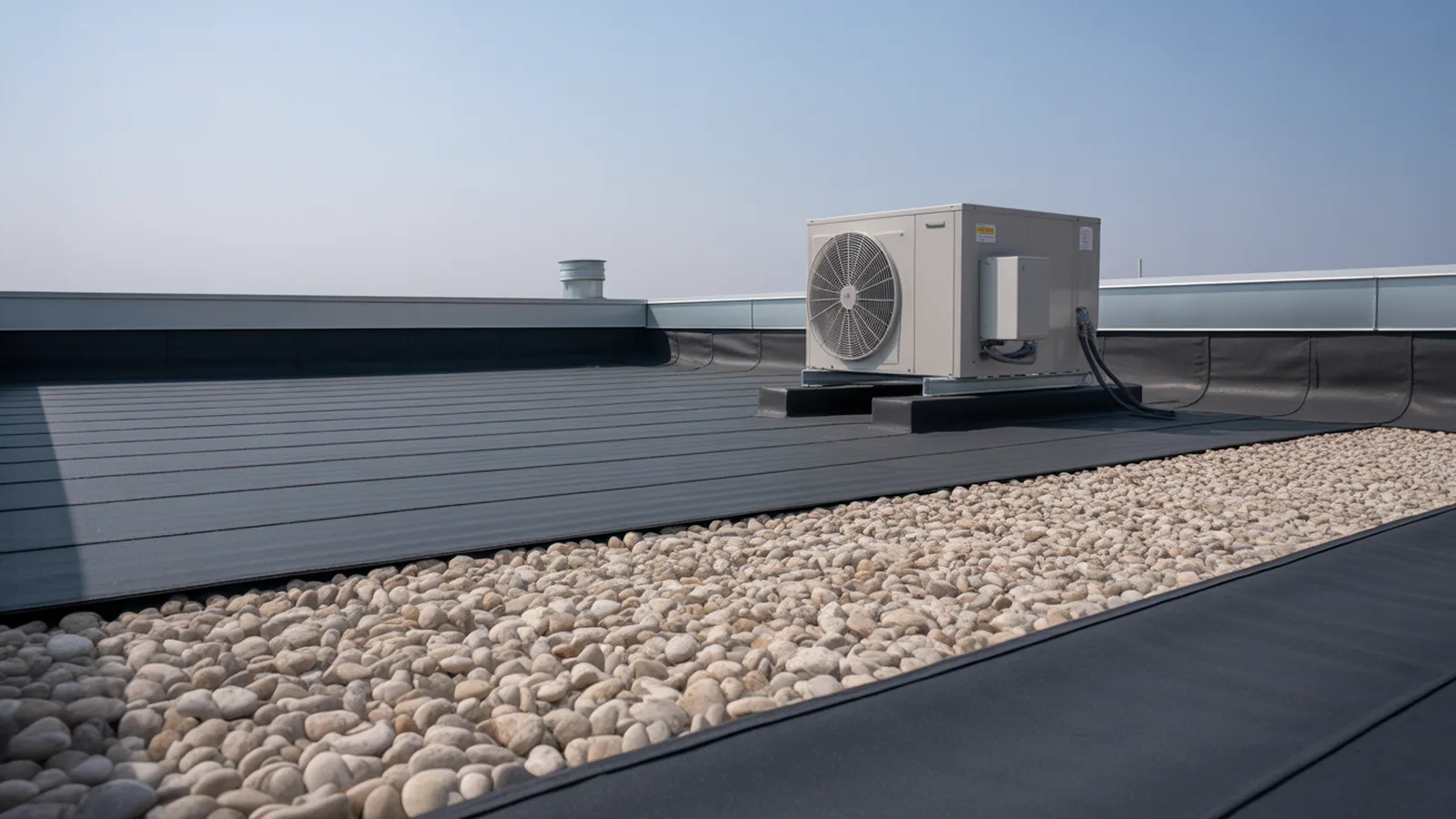 Black EPDM roof with river-stone ballast and a rooftop condenser unit on rubber pads