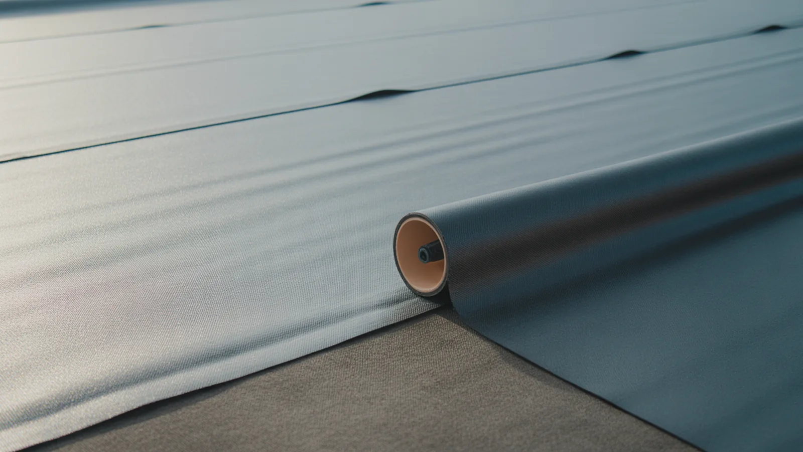 Two black EPDM membrane sheets overlapping at a taped seam with a hand roller pressing the joint