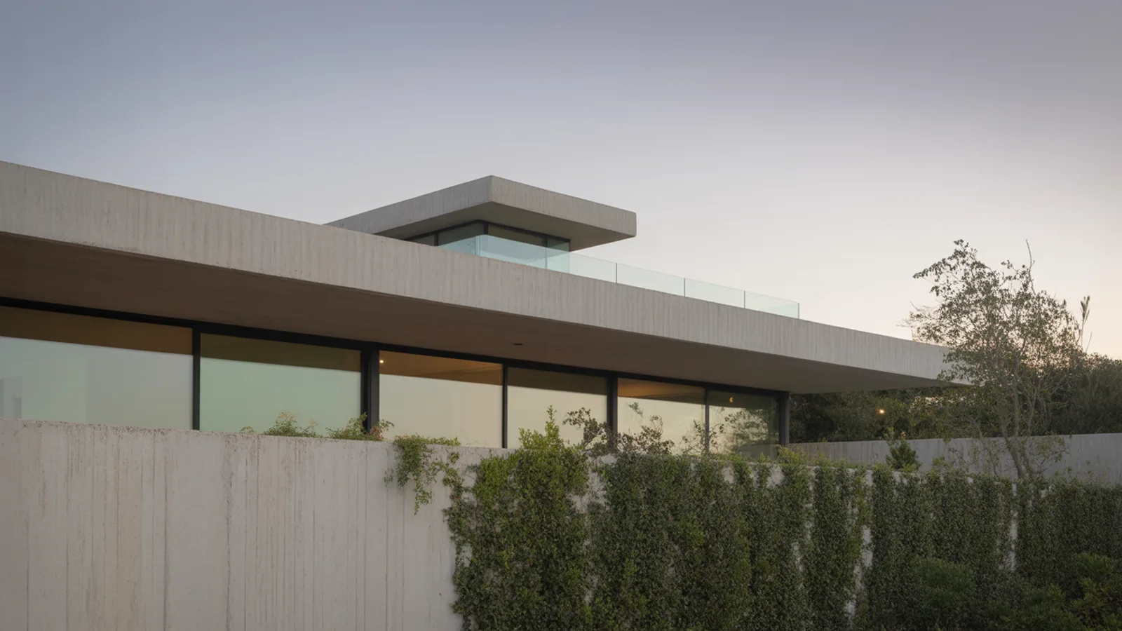 Contemporary concrete and glass house with a flat roof and parapet edge