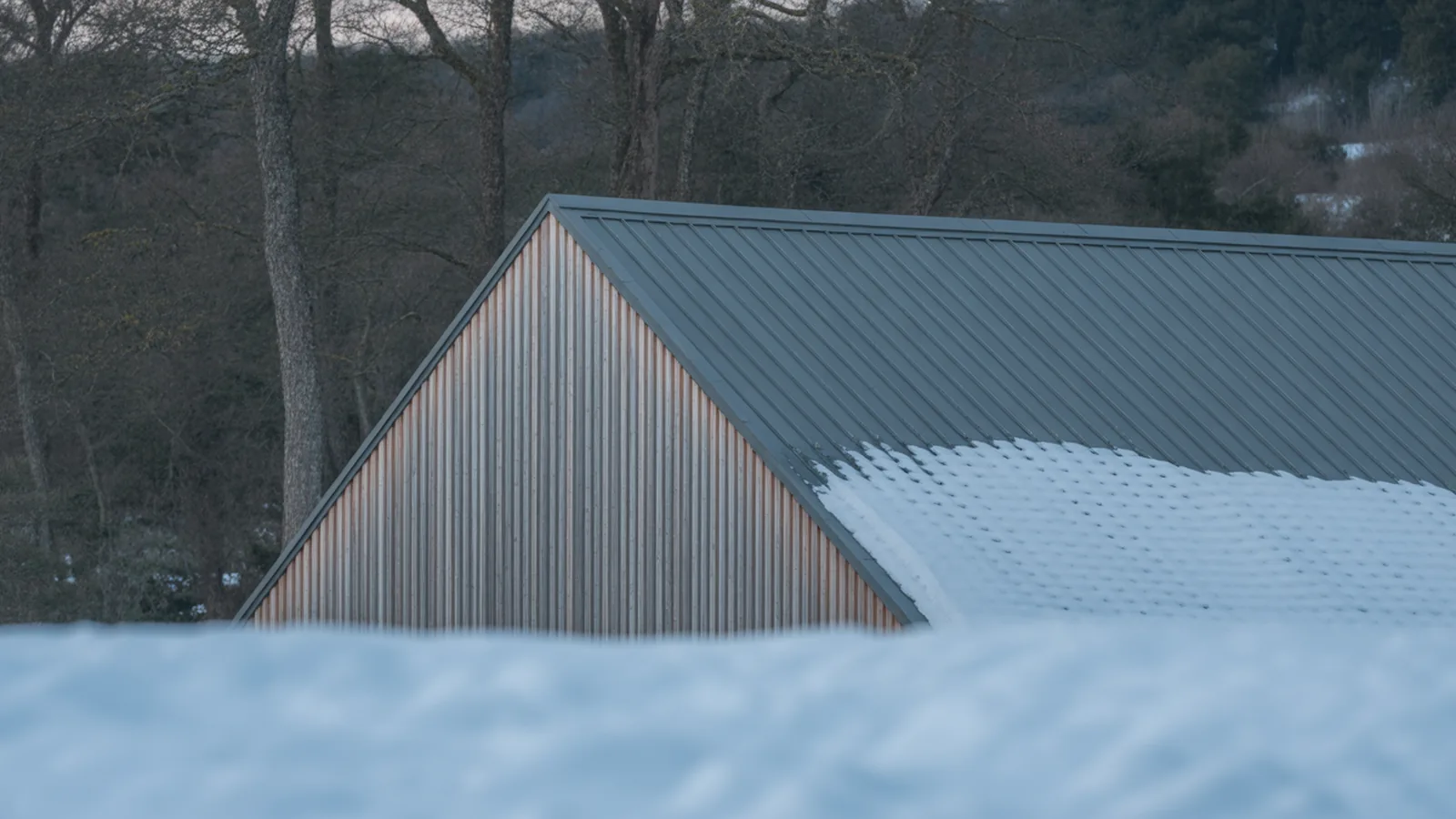 Steeply pitched gable roof on a timber house shedding snow in a winter landscape