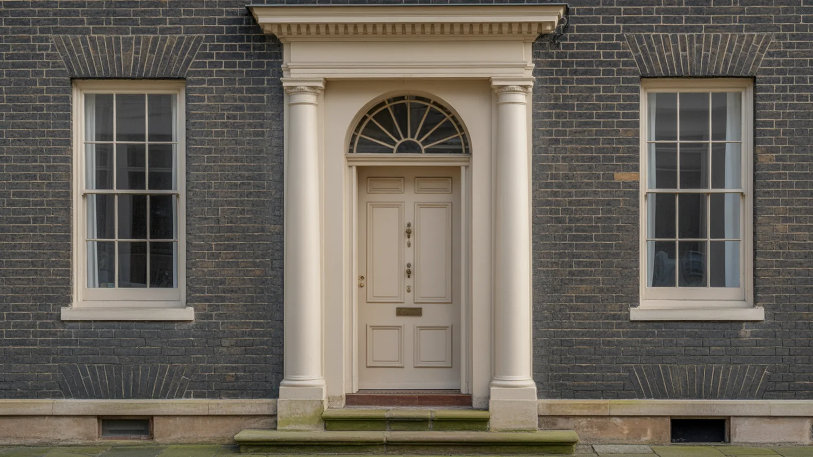 Georgian doorcase with panelled door, slender columns, moulded pediment and semicircular fanlight