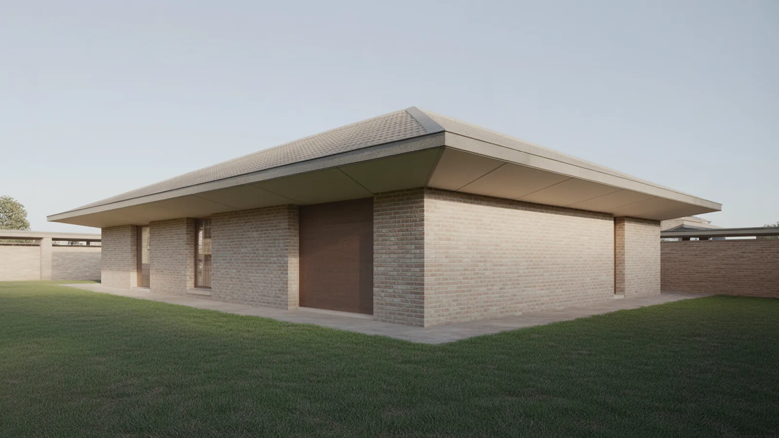 Single-storey brick house with a hipped roof sloping on all four sides and wide eaves