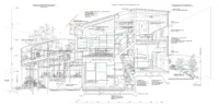 Sectional detail of House in Nakano with material notes through the split floor levels and the aerial terrace