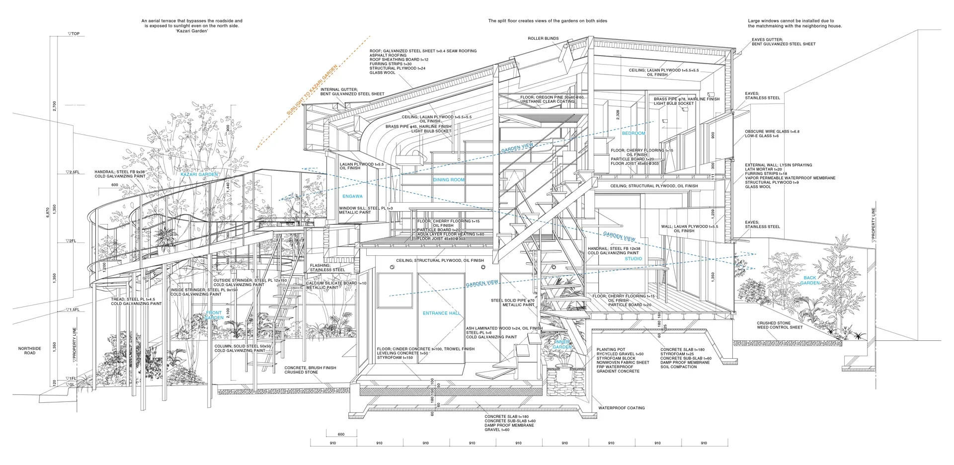 Sectional detail of House in Nakano with material notes through the split floor levels and the aerial terrace