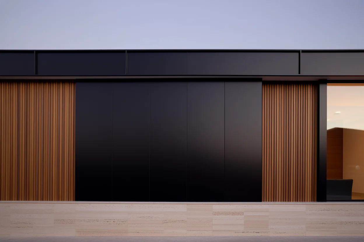 Minimal facade combining vertical timber battens, a dark flush panel and a travertine plinth