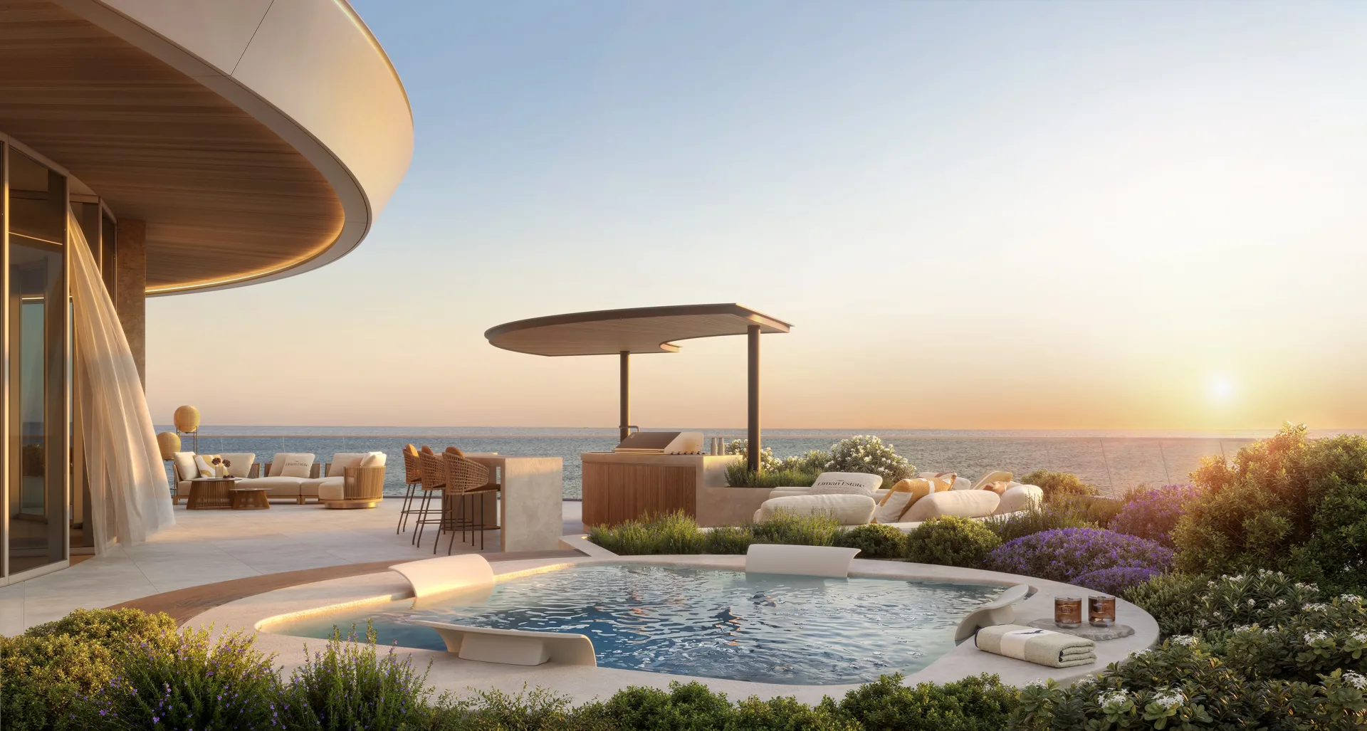 Rooftop terrace with a round plunge pool, shade canopy and loungers facing the sea at sunset