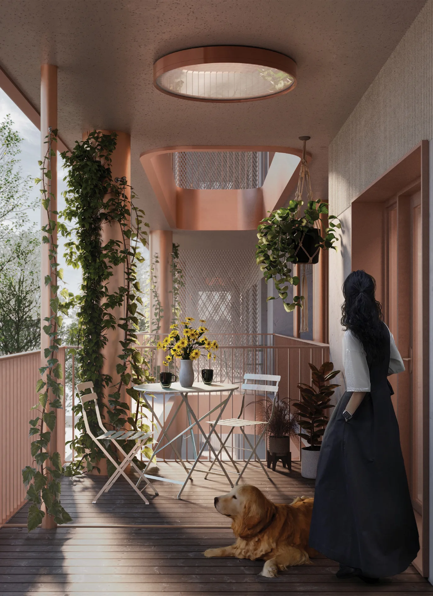 Covered loggia with climbing plants, a bistro table and a woman standing beside a resting dog