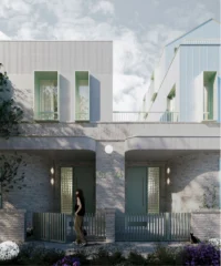 Pair of pale brick semi-detached house entrances with green doors, glass block panels and low gates