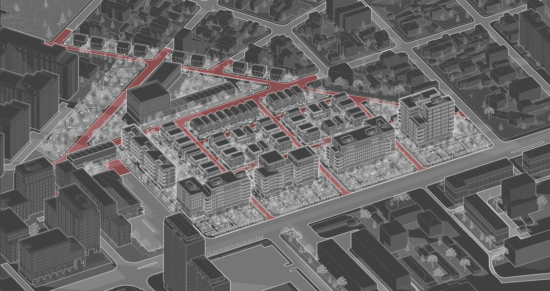 Aerial grey massing model of the district with the new blocks and pedestrian routes marked in red