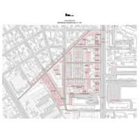 Masterplan ground floor drawing with the new urban blocks, green spaces and routes in red