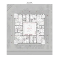 Floor plan of a collective housing block arranged around a square shared courtyard