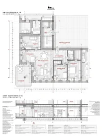 Detailed plan and section of a collective housing apartment at 1:50