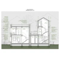 Transversal section through two semi-detached houses with stairs and pitched roofs