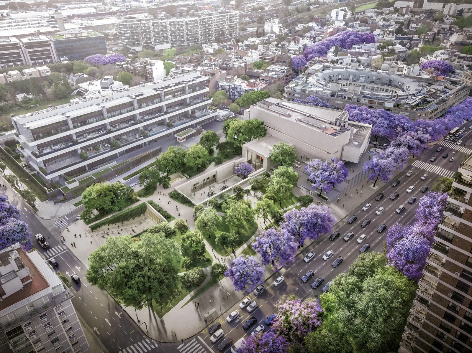 Aerial rendering of MALBA and Plaza República del Perú in Buenos Aires with purple jacaranda trees and the new landscaped plaza