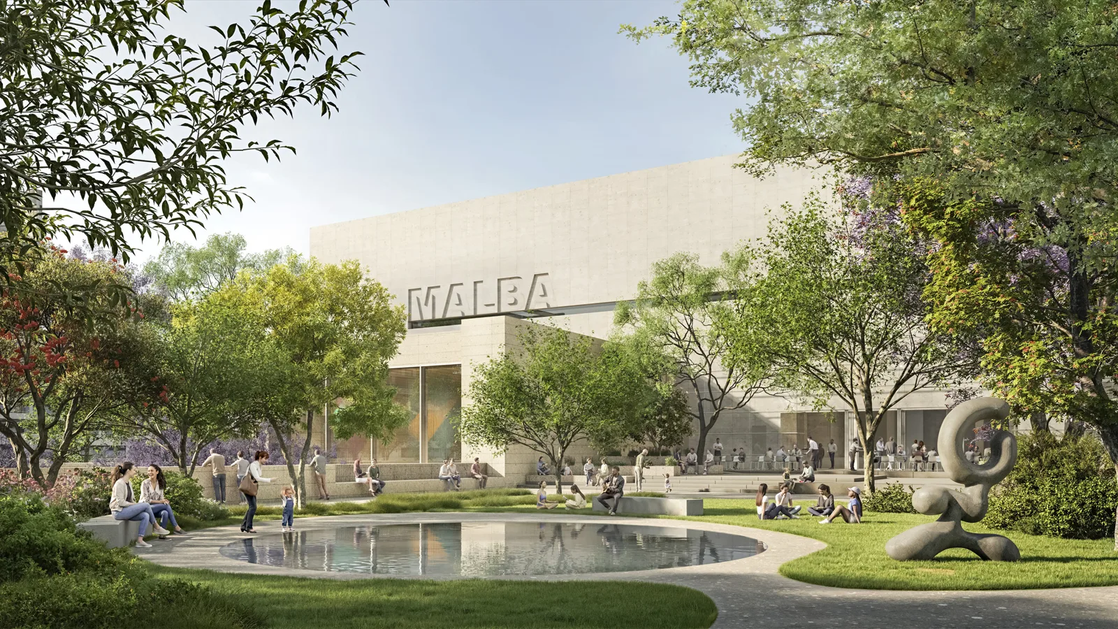 Rendering of the MALBA facade seen across a landscaped plaza with a round reflecting pool, trees and a sculpture