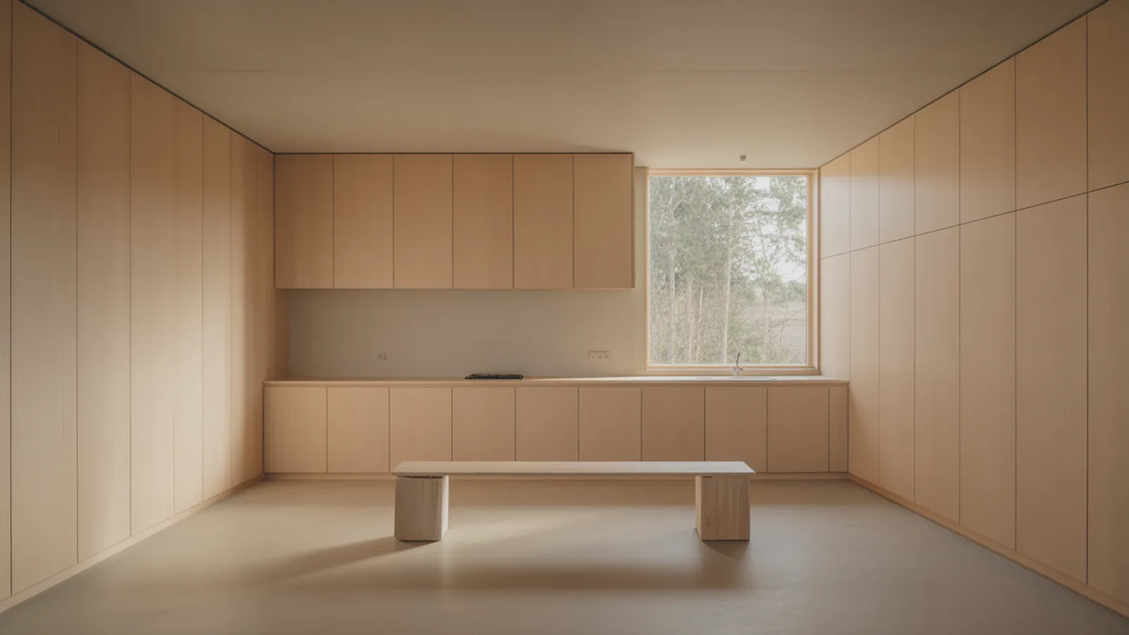 Minimalist interior in one pale timber with flush handleless cabinetry and a window framing trees