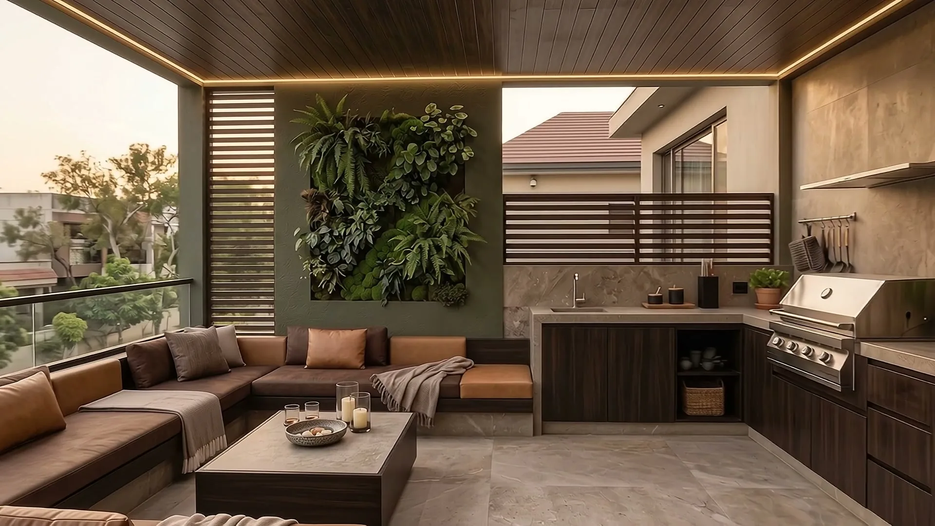 Covered roof terrace with a built in sofa, vertical garden, dark timber ceiling and outdoor kitchen