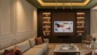 First floor lounge with a pale sofa, panelled walls and a dark timber media wall with lit shelves