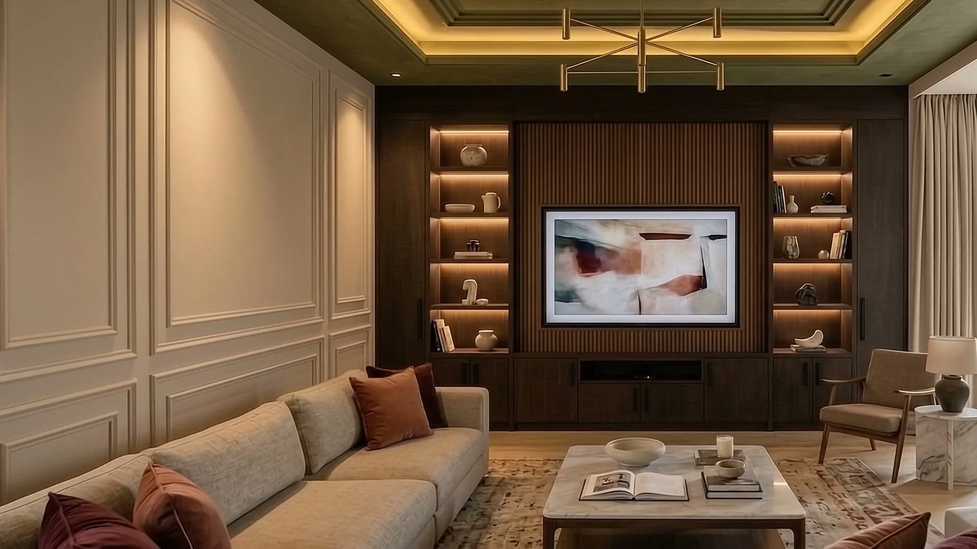 First floor lounge with a pale sofa, panelled walls and a dark timber media wall with lit shelves