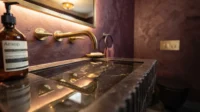 Dark marble sink with a wall mounted brass tap against a plum plaster wall