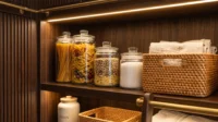 Lit timber shelves in a pantry with glass jars and woven baskets