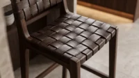 Woven dark leather bar stool on a timber frame
