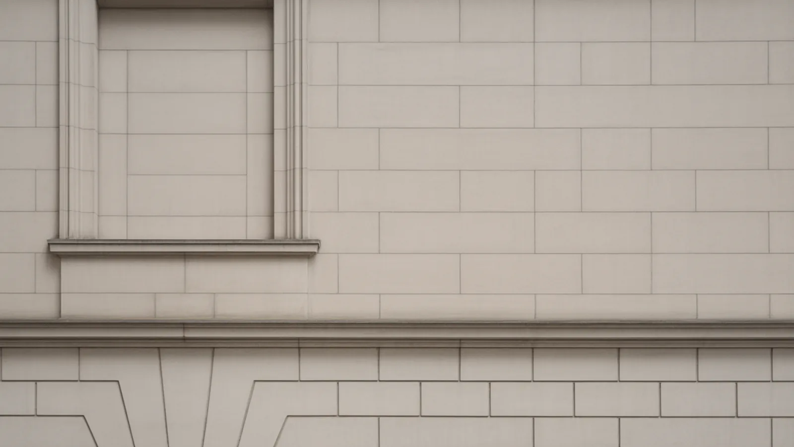 Neoclassical ashlar wall with fine joints, a simple string course and a plain window opening
