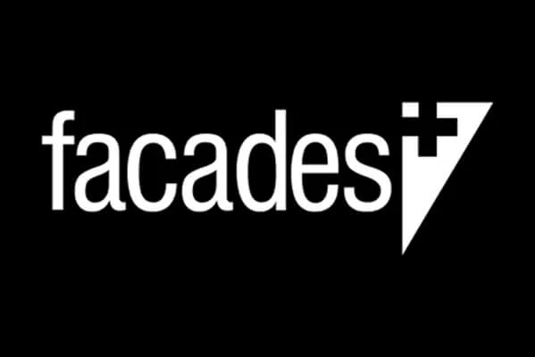 White logo reading 'facades+' with a triangular plus sign on a black background