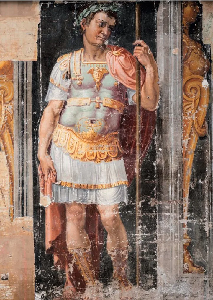 Faded fresco of a man in classical armor and a laurel wreath holding a staff