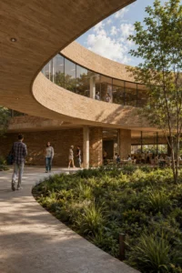 Rendering of a curved timber soffit and glazed upper floor above a path through dense planting
