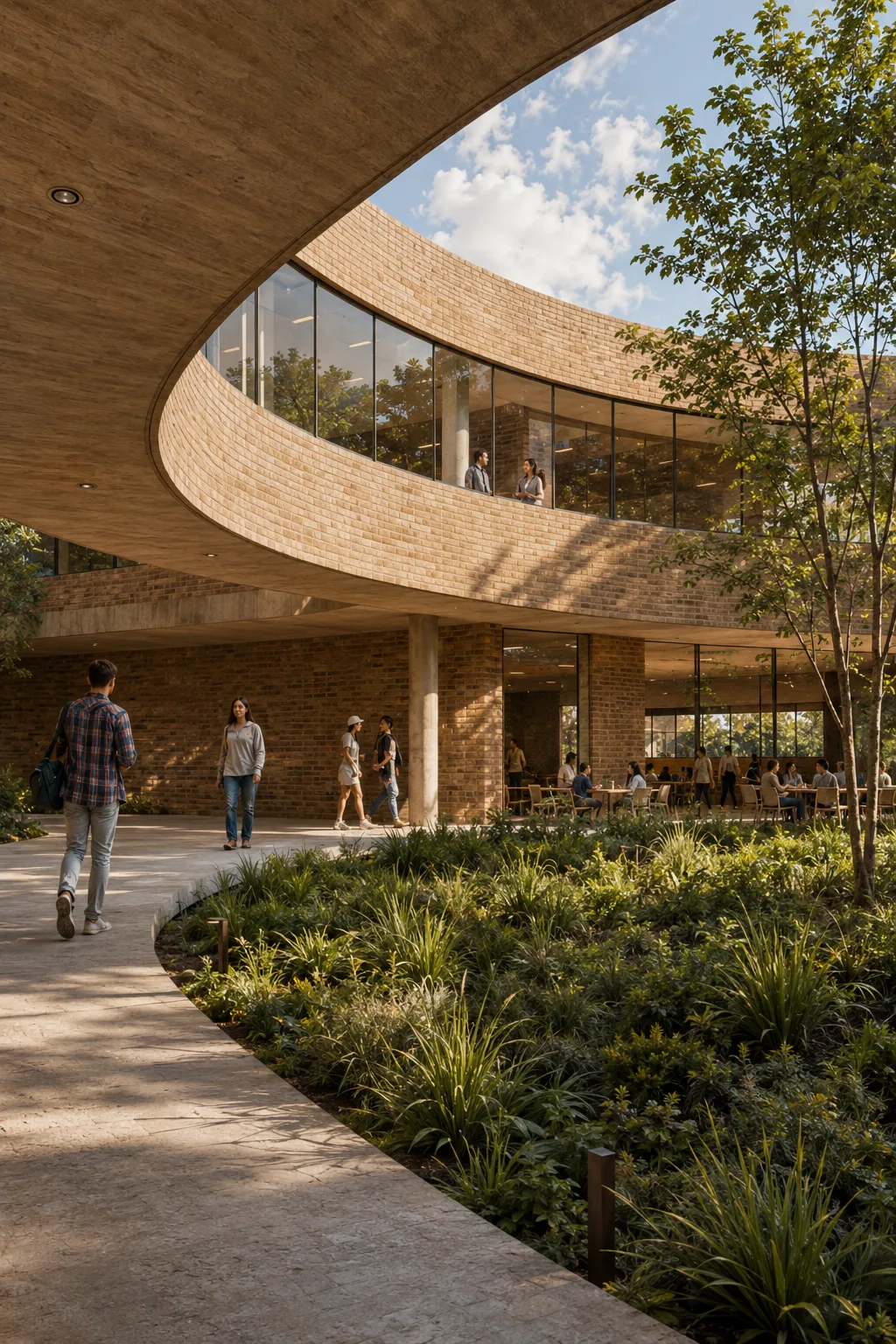Rendering of a curved timber soffit and glazed upper floor above a path through dense planting