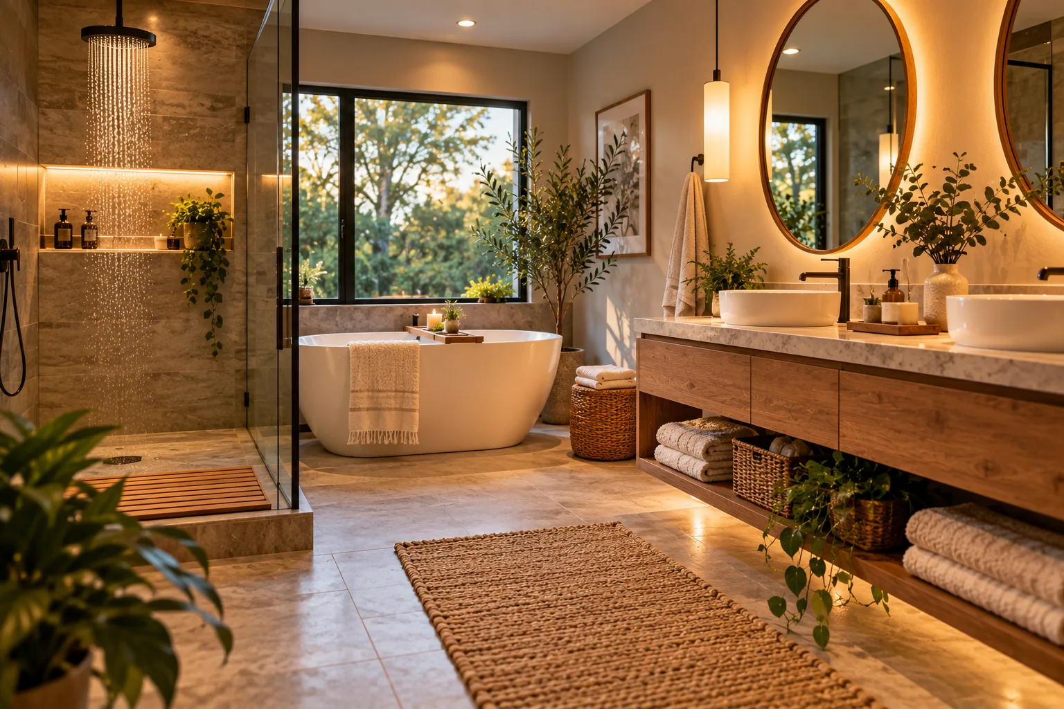 Glass rainfall shower beside a freestanding bathtub, wood vanity with vessel sinks, rolled towels and plants