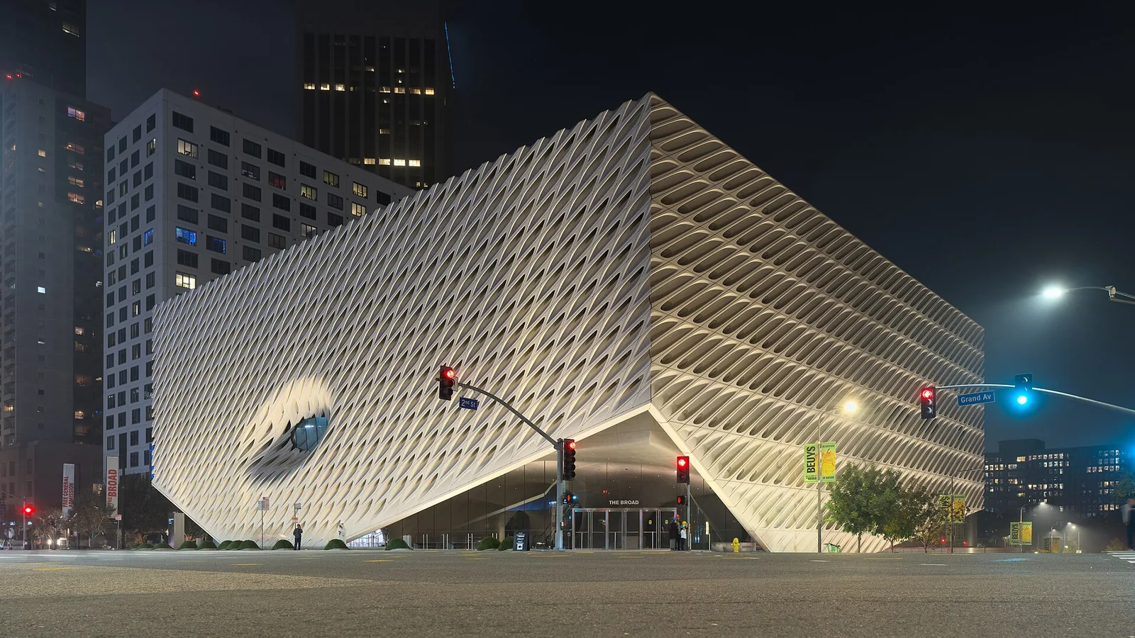 The Broad museum honeycomb veil facade lit at night on Grand Avenue Los Angeles