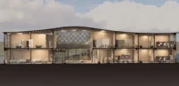 Long section showing the curved roof, glazed atrium and rooms on both floors, The Entwine Confluence by Sara Fernandes