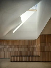 White sculpted ceiling with a skylight above a timber slatted bench and wall