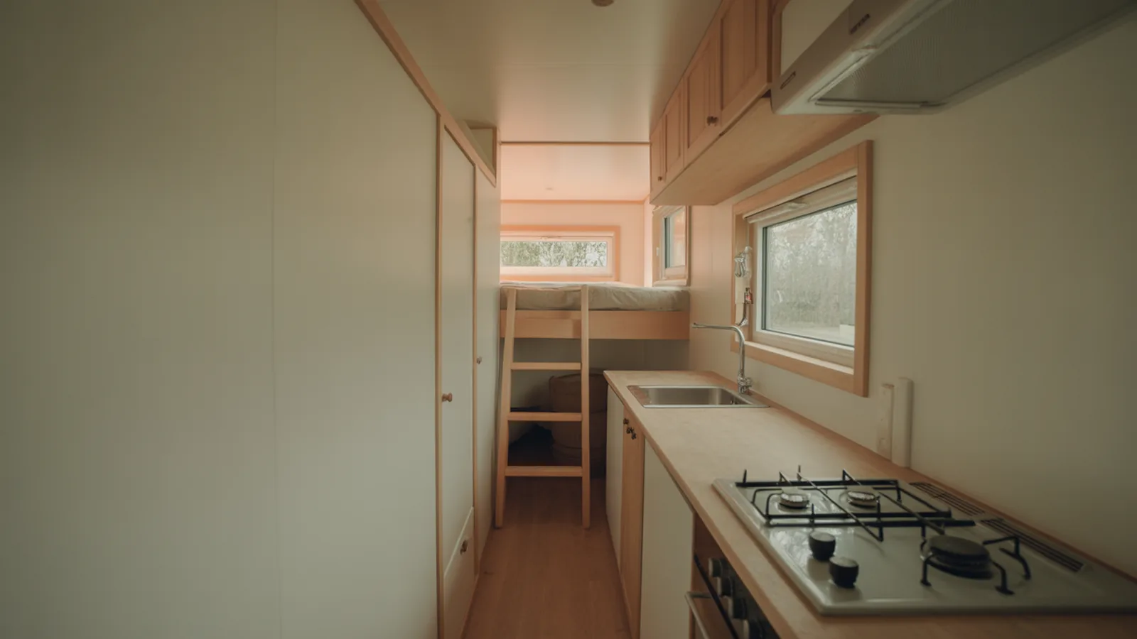 Compact tiny house kitchen with timber cabinets, a two burner hob and a ladder to the sleeping loft