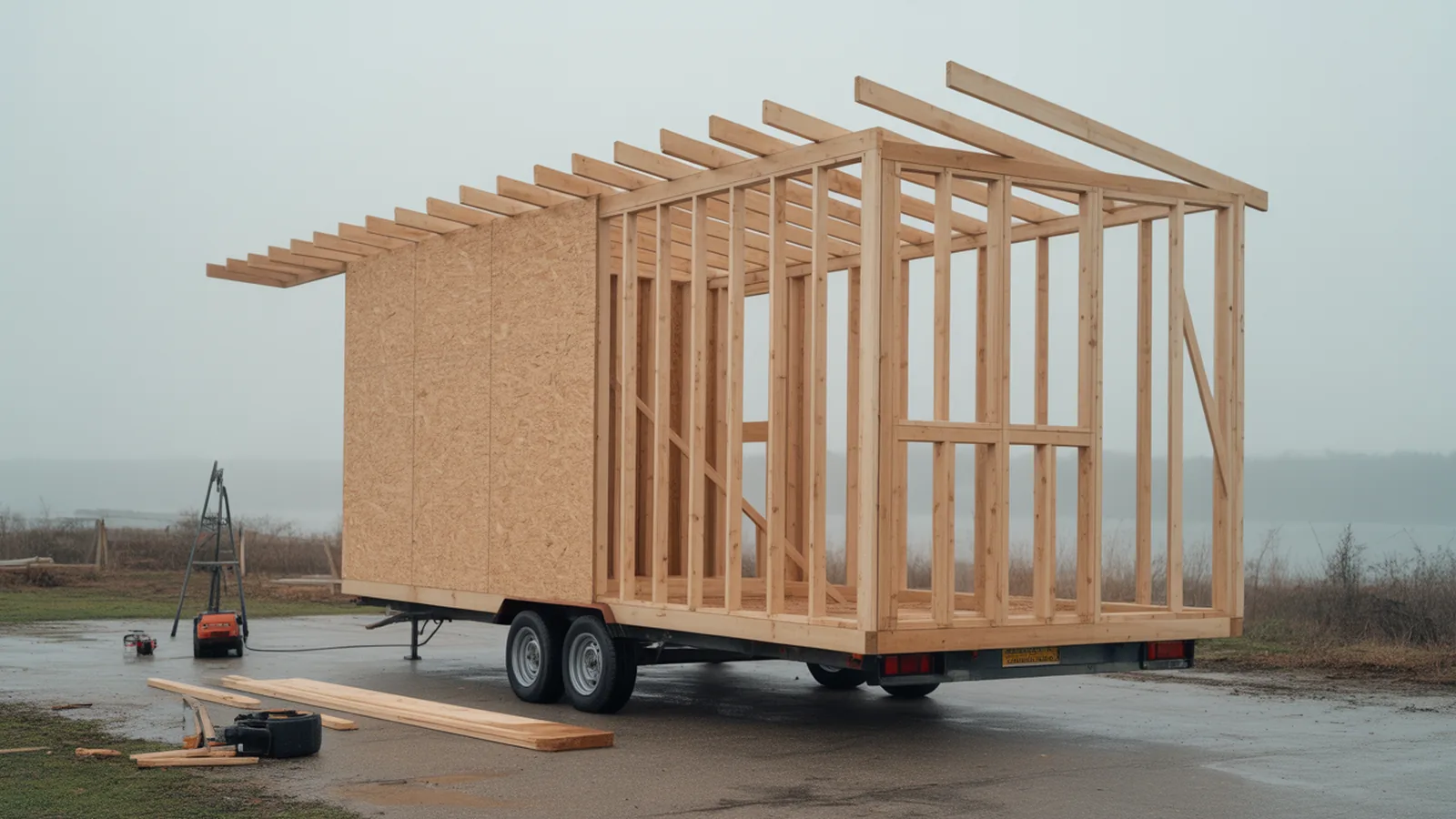 Partly framed tiny house shell on a trailer with exposed studs and roof rafters in place