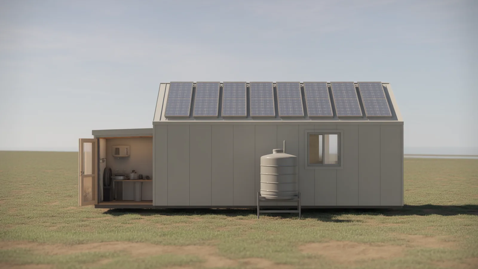 Tiny house with roof mounted solar panels, an external water tank and a small utility enclosure