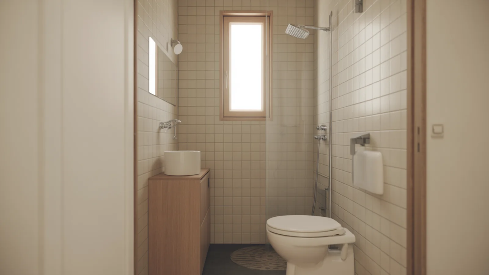 Compact tiny house wet room with shower area, small basin, composting toilet and narrow window