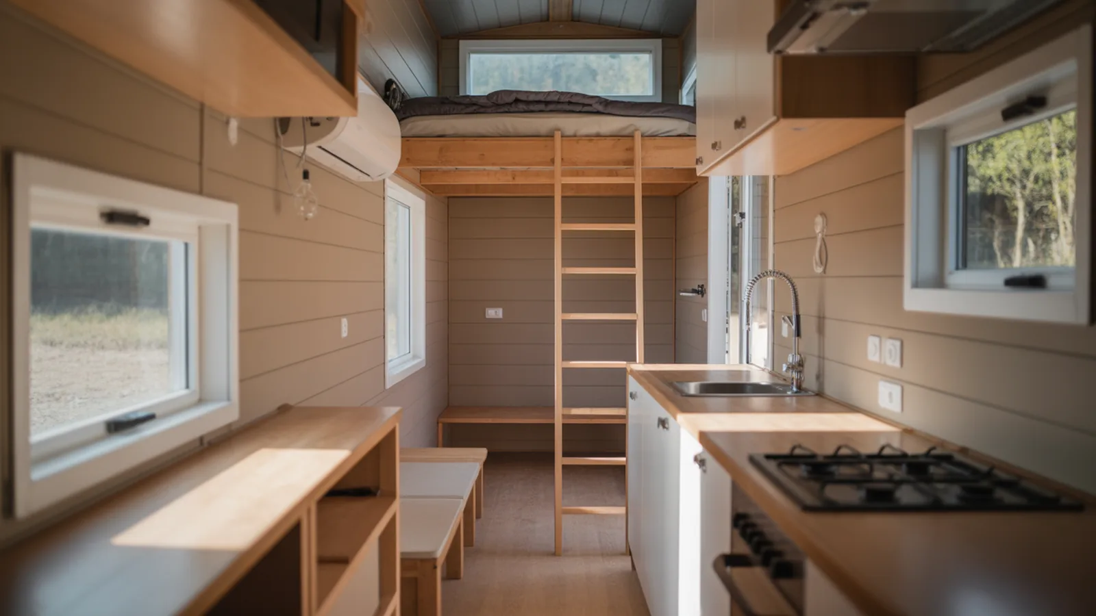 Tiny house interior along its length with kitchen run, seating opposite and ladder to a loft