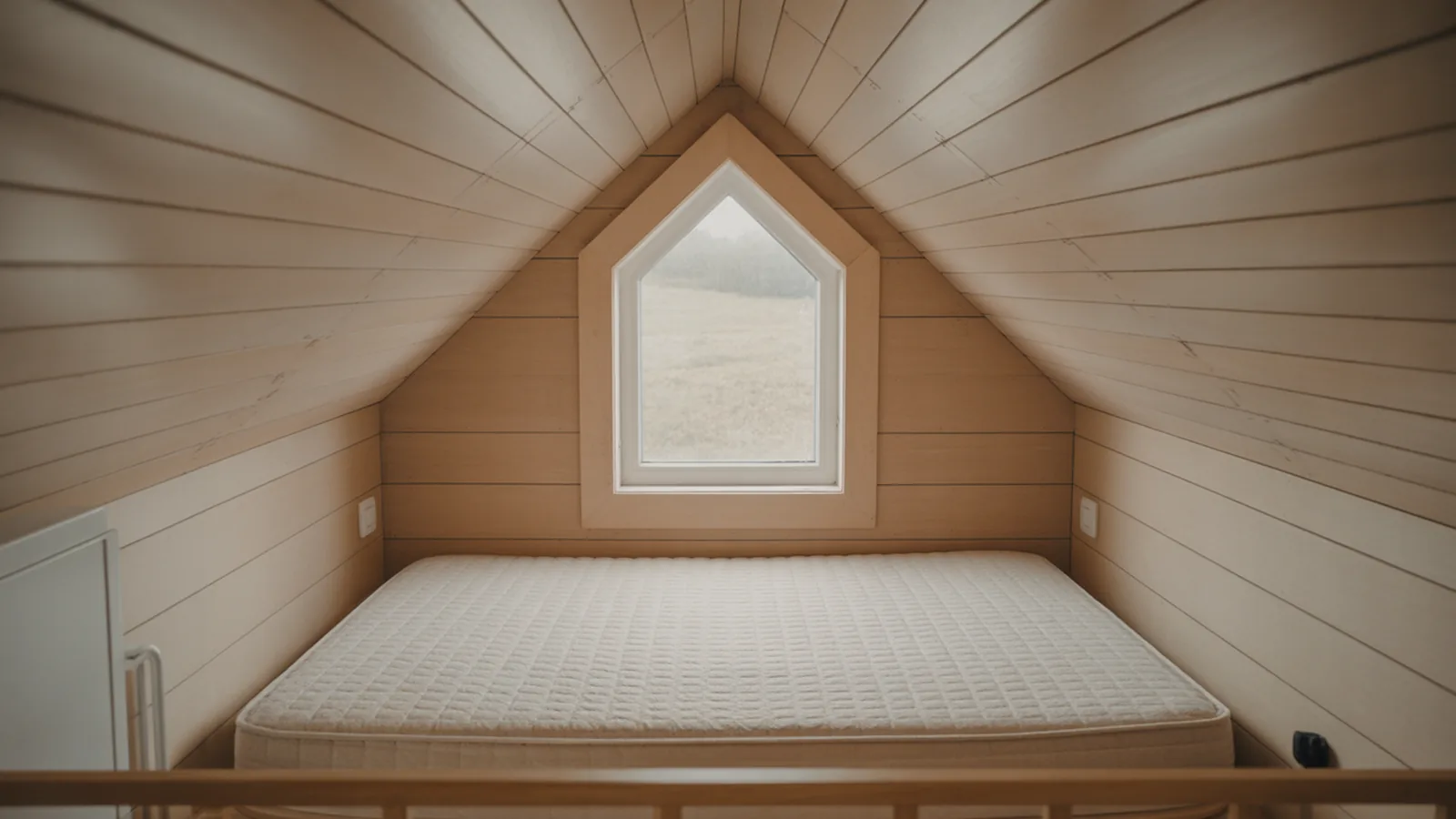 Tiny house sleeping loft with low ceiling, mattress against a gable window and guard rail