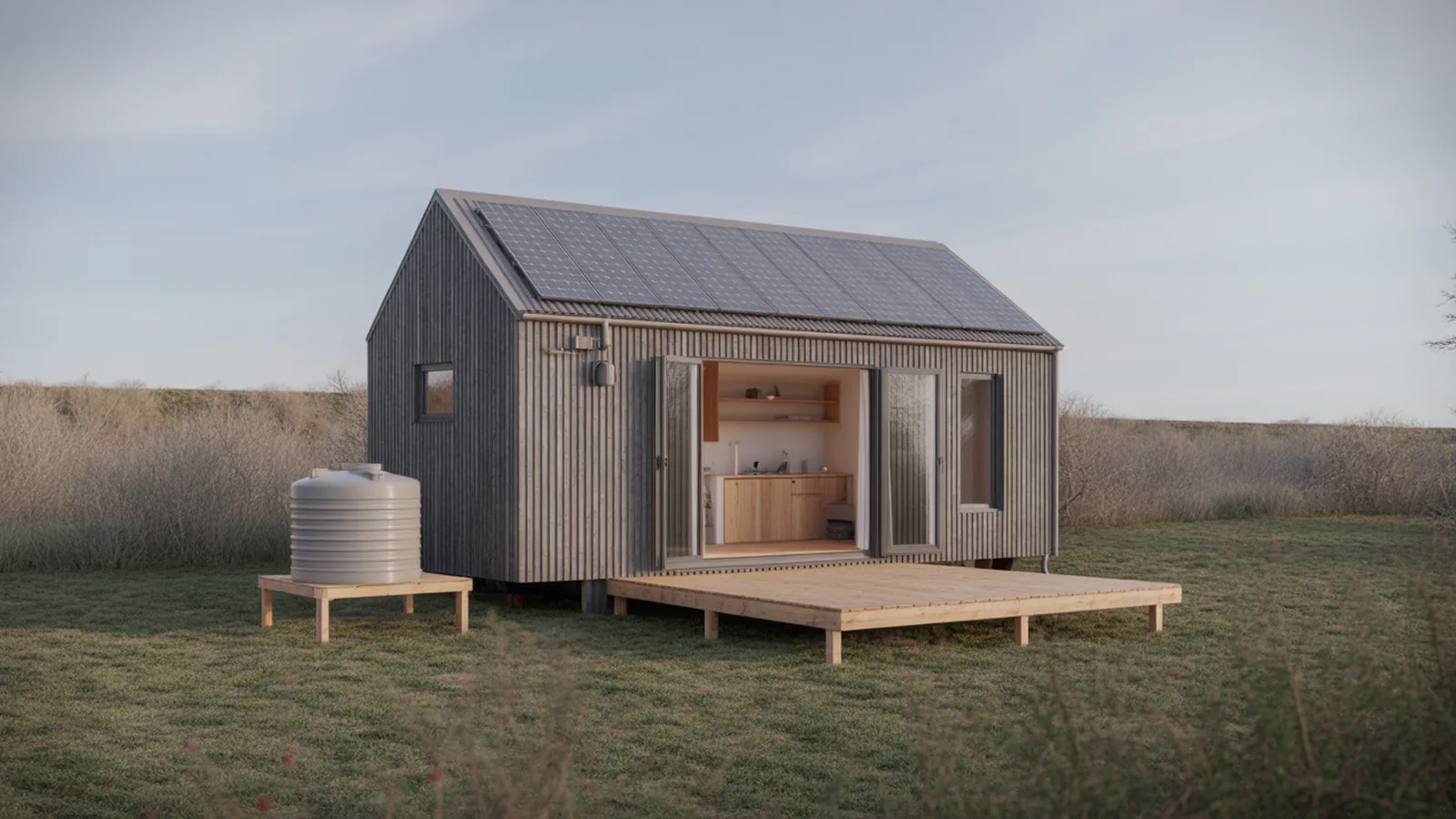 Tiny house with roof solar panels, a water tank on a stand and a timber deck extending outdoors