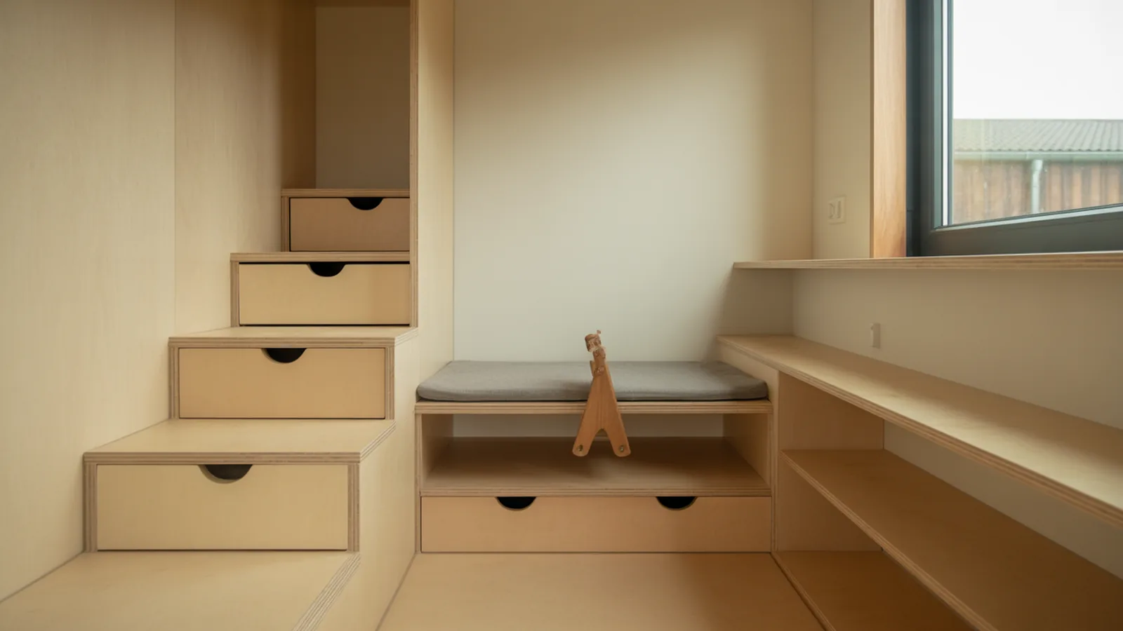 Built-in tiny house storage with stair drawers, lifting bench seat and shallow shelves