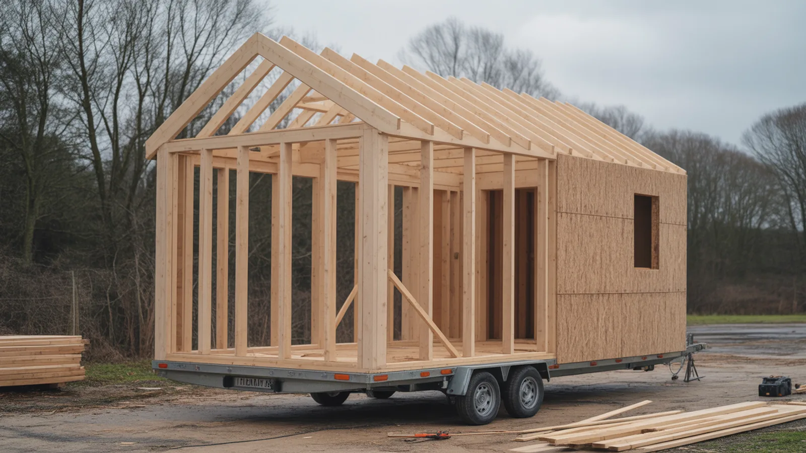 Tiny house under construction on a steel trailer with exposed stud framing and roof rafters