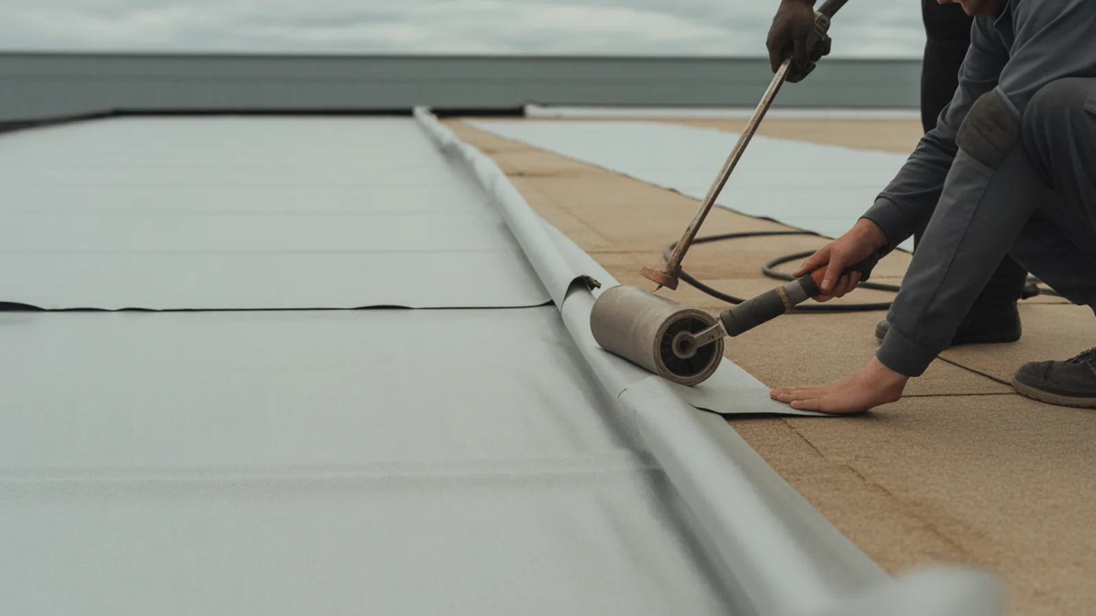 Roofer hot-air welding the overlap seam between two white TPO membrane sheets on a flat roof