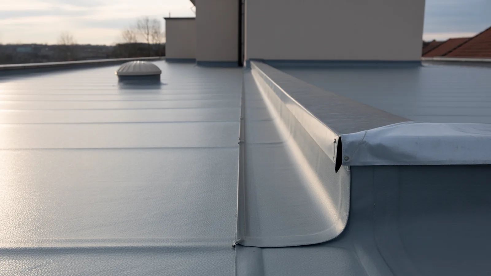 TPO membrane turned up a parapet wall and capped with metal flashing beside a roof drain