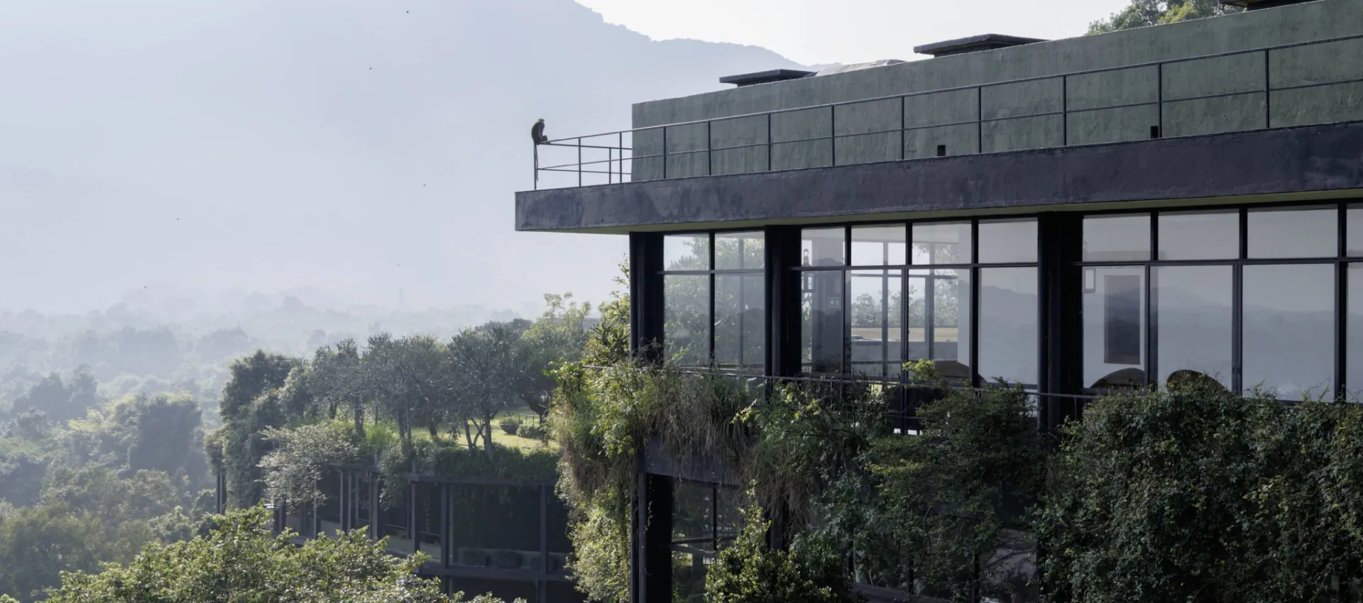 A concrete rooftop terrace overlooks a misty, forested valley with distant hills and glass-walled floors below