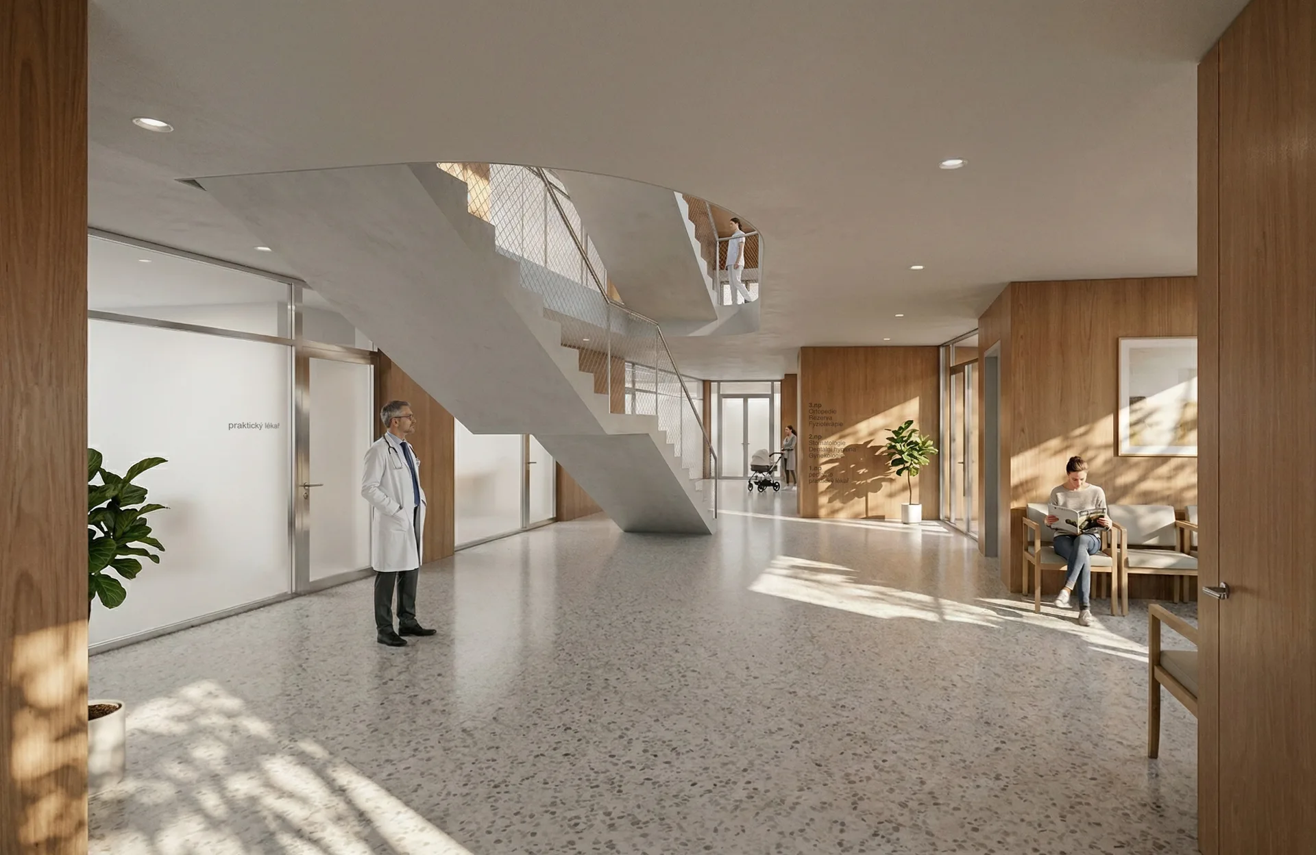 Bright interior hall with terrazzo floor, timber panelling and a sculptural stair, Zašová Health Center by AOSI